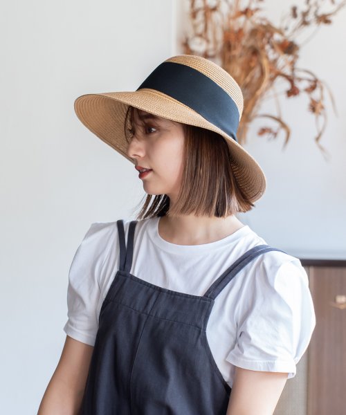キャペリンハット【aroco/アロコ】リボン ペーパー素材 レディース ビッグリボン 幅広 深め つば広 軽量 サイズ調整可能 アジャスター付き UV 紫外線