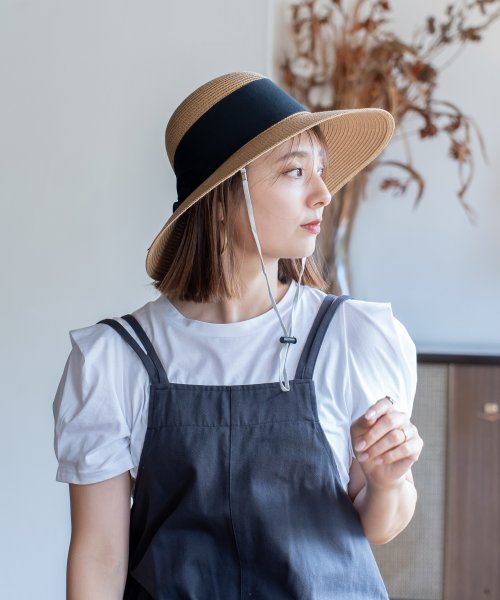 キャペリンハット【aroco/アロコ】リボン ペーパー素材 レディース ビッグリボン 幅広 深め つば広 軽量 サイズ調整可能 アジャスター付き UV 紫外線