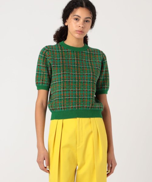 CABaN コットンカシミヤチェックジャカード ハーフスリーブプルオーバー 