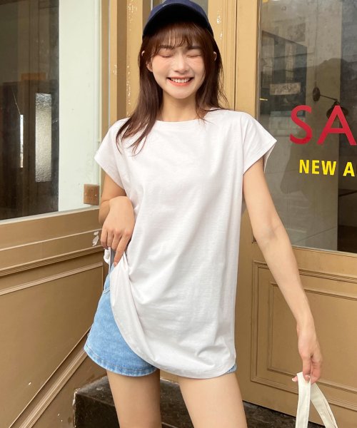 ad thie(アドティエ)/フレンチスリーブ 半袖Tシャツ ラウンド裾 半袖 ロング丈 コットン100％ 綿 春 夏 チュニック ゆったり/img02