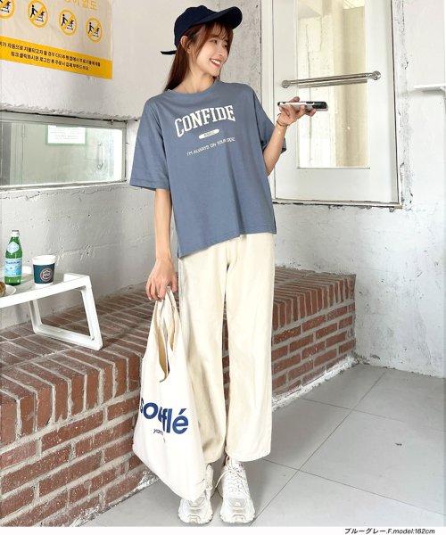 ad thie(アドティエ)/CONFIDE プリント カレッジロゴ ショート丈 サイドスリット コットン Tシャツ 半袖 ゆったり 春 夏/img01