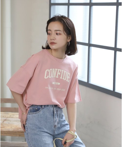 ad thie(アドティエ)/CONFIDE プリント カレッジロゴ ショート丈 サイドスリット コットン Tシャツ 半袖 ゆったり 春 夏/img12