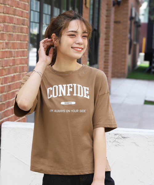 ad thie(アドティエ)/CONFIDE プリント カレッジロゴ ショート丈 サイドスリット コットン Tシャツ 半袖 ゆったり 春 夏/img17