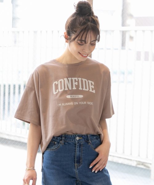 ad thie(アドティエ)/CONFIDE プリント カレッジロゴ ショート丈 サイドスリット コットン Tシャツ 半袖 ゆったり 春 夏/img22