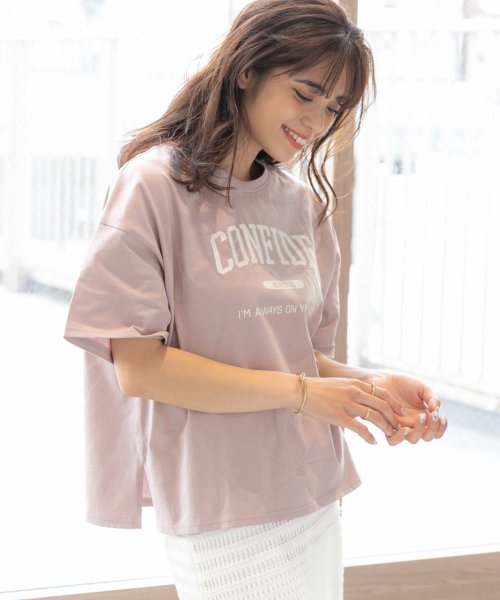 ad thie(アドティエ)/CONFIDE プリント カレッジロゴ ショート丈 サイドスリット コットン Tシャツ 半袖 ゆったり 春 夏/img23