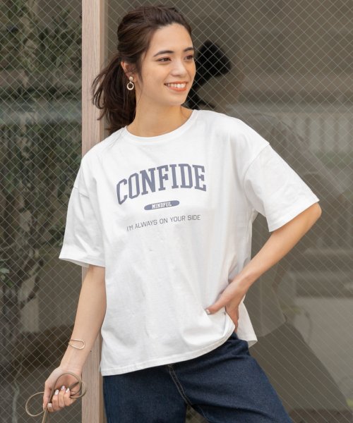 ad thie(アドティエ)/CONFIDE プリント カレッジロゴ ショート丈 サイドスリット コットン Tシャツ 半袖 ゆったり 春 夏/img25