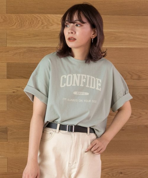 ad thie(アドティエ)/CONFIDE プリント カレッジロゴ ショート丈 サイドスリット コットン Tシャツ 半袖 ゆったり 春 夏/img33