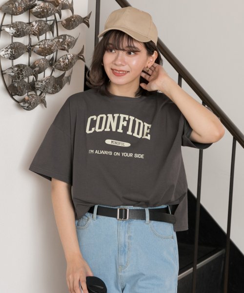 ad thie(アドティエ)/CONFIDE プリント カレッジロゴ ショート丈 サイドスリット コットン Tシャツ 半袖 ゆったり 春 夏/img34