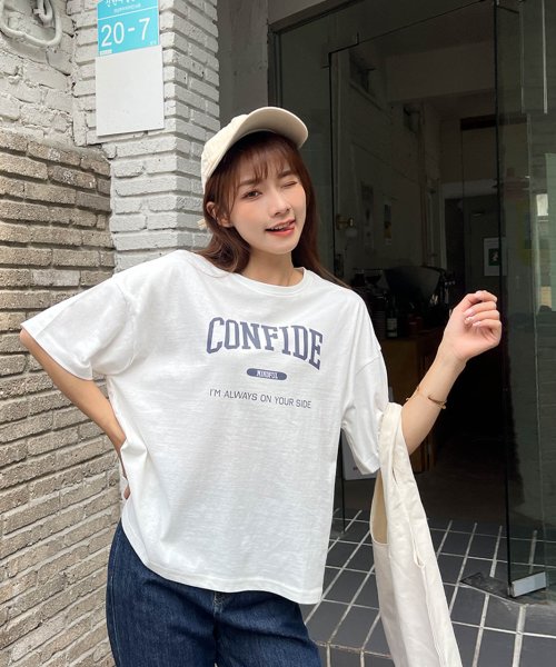 ad thie(アドティエ)/CONFIDE プリント カレッジロゴ ショート丈 サイドスリット コットン Tシャツ 半袖 ゆったり 春 夏/img41