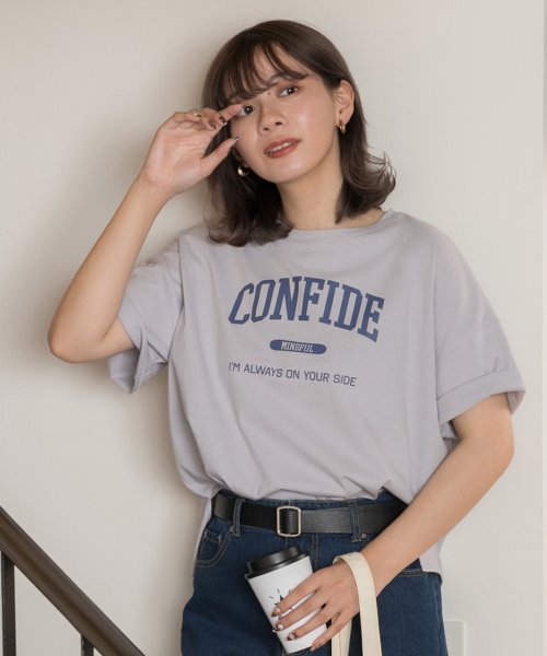 ad thie(アドティエ)/CONFIDE プリント カレッジロゴ ショート丈 サイドスリット コットン Tシャツ 半袖 ゆったり 春 夏/img42