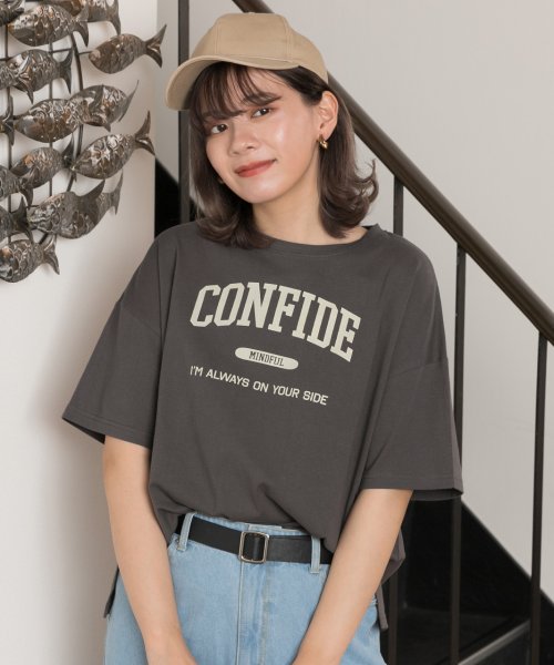 ad thie(アドティエ)/CONFIDE プリント カレッジロゴ ショート丈 サイドスリット コットン Tシャツ 半袖 ゆったり 春 夏/img43