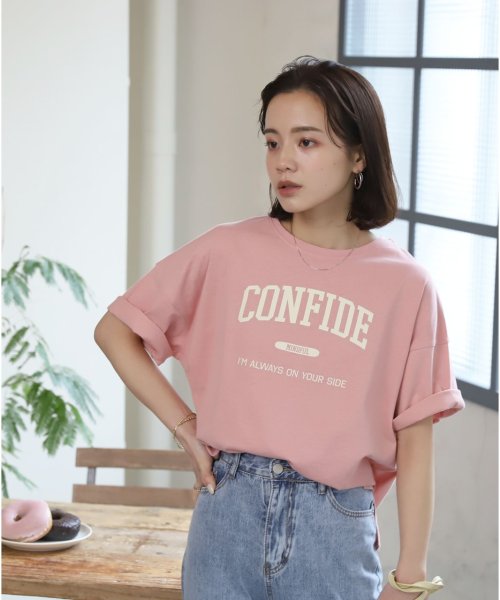 ad thie(アドティエ)/CONFIDE プリント カレッジロゴ ショート丈 サイドスリット コットン Tシャツ 半袖 ゆったり 春 夏/img46