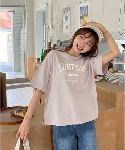 ad thie(アドティエ)/CONFIDE プリント カレッジロゴ ショート丈 サイドスリット コットン Tシャツ 半袖 ゆったり 春 夏/img56