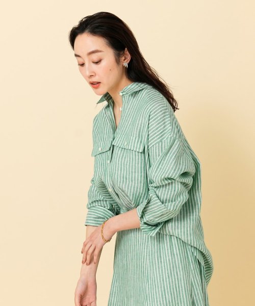 【セットアップ可能／真夏も快適】リネンストライプ レギュラーシャツ 