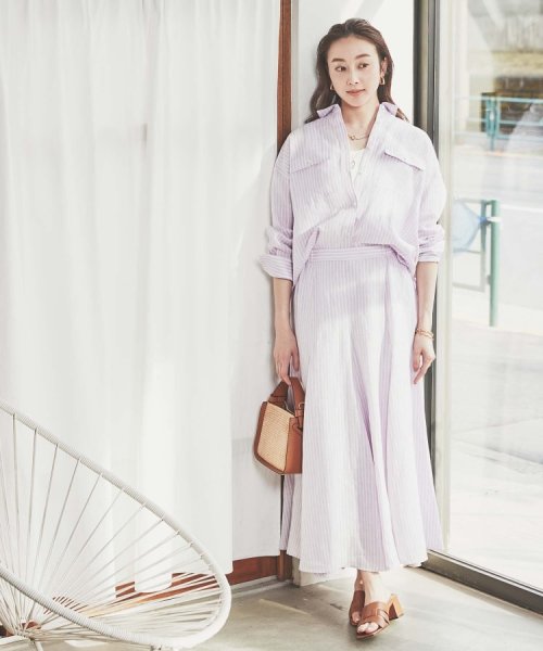 【セットアップ可能／真夏も快適】リネンストライプ レギュラーシャツ 