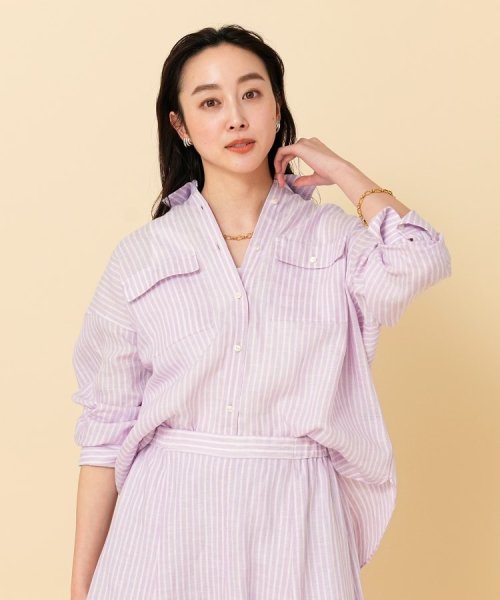 【セットアップ可能／真夏も快適】リネンストライプ レギュラーシャツ 