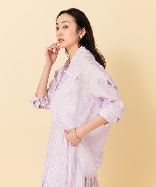 【セットアップ可能／真夏も快適】リネンストライプ レギュラーシャツ 