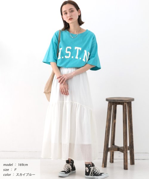 ad thie(アドティエ)/【ドラマ着用】H.S.T.N カレッジロゴ プリント Tシャツ ラウンド スリット チュニック ゆったり ビックTシャツ サイド スリット ロンT 柄/img03