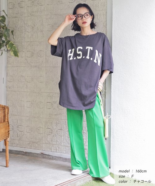 ad thie(アドティエ)/【ドラマ着用】H.S.T.N カレッジロゴ プリント Tシャツ ラウンド スリット チュニック ゆったり ビックTシャツ サイド スリット ロンT 柄/img08