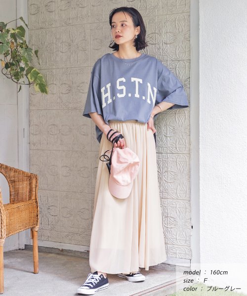 ad thie(アドティエ)/H.S.T.N カレッジロゴ プリント Tシャツ ラウンド スリット チュニック ゆったり ビックTシャツ サイド スリット ロンT 柄/img15