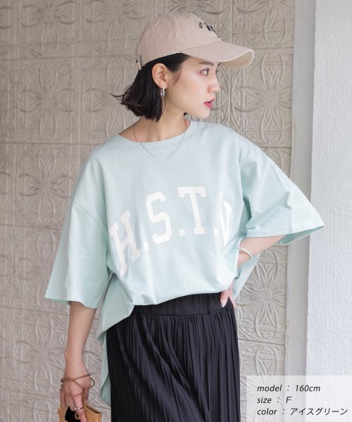 ad thie(アドティエ)/H.S.T.N カレッジロゴ プリント Tシャツ ラウンド スリット チュニック ゆったり ビックTシャツ サイド スリット ロンT 柄/img18