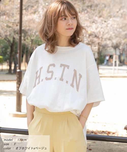 ad thie(アドティエ)/【ドラマ着用】H.S.T.N カレッジロゴ プリント Tシャツ ラウンド スリット チュニック ゆったり ビックTシャツ サイド スリット ロンT 柄/img23