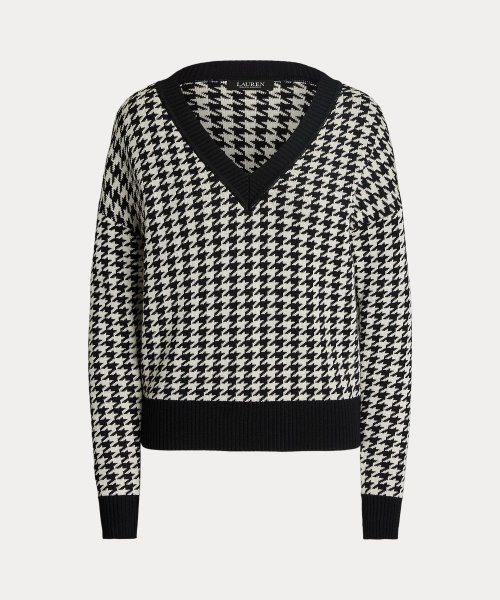 【セットアップ対応商品】ハウンドトゥース ジャカード Vネック セーター Cotton TM
