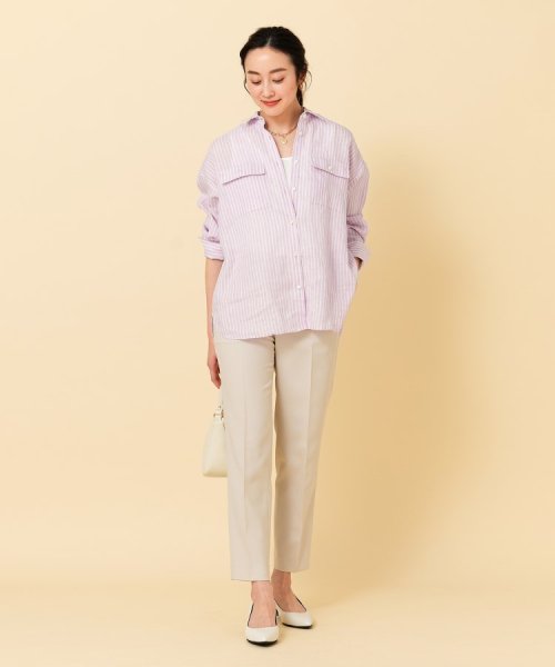 【セットアップ可能／真夏も快適】リネンストライプ レギュラーシャツ 