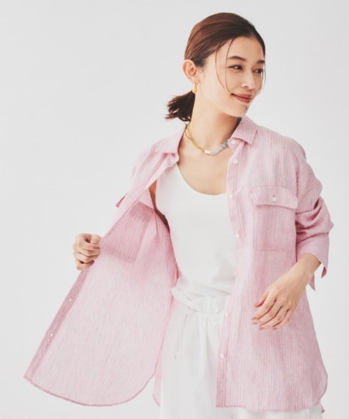 【セットアップ可能／真夏も快適】リネンストライプ レギュラーシャツ 