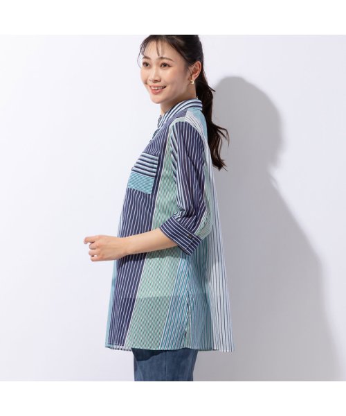 マルチストライプ 綿ローンシャツ 