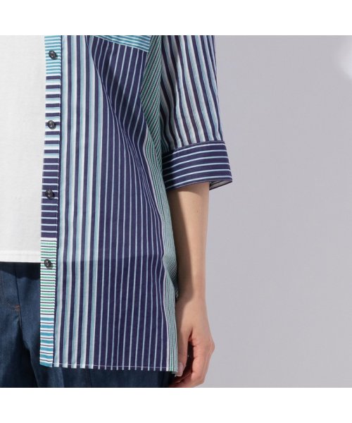 マルチストライプ 綿ローンシャツ 