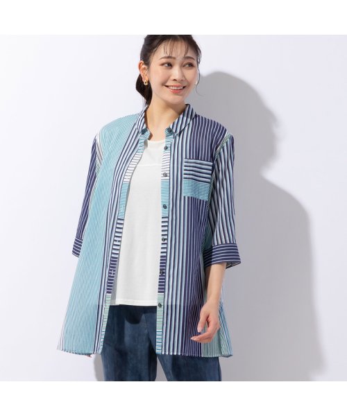 マルチストライプ 綿ローンシャツ 