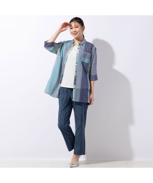 マルチストライプ 綿ローンシャツ 