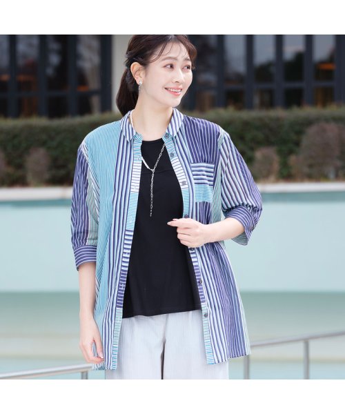 マルチストライプ 綿ローンシャツ 