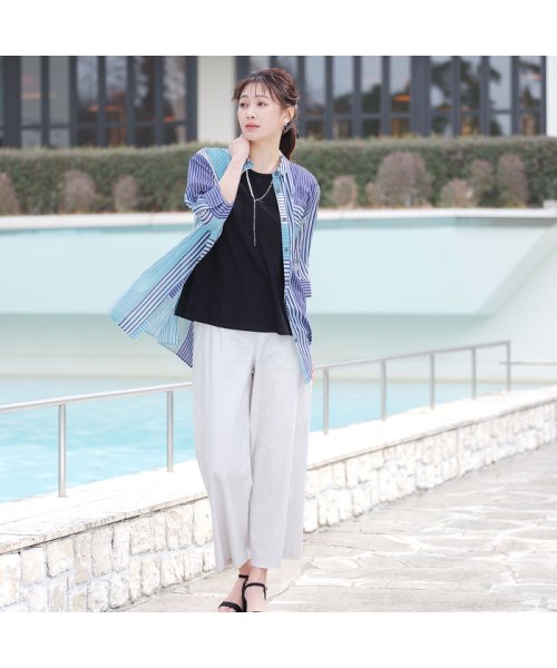 マルチストライプ 綿ローンシャツ 