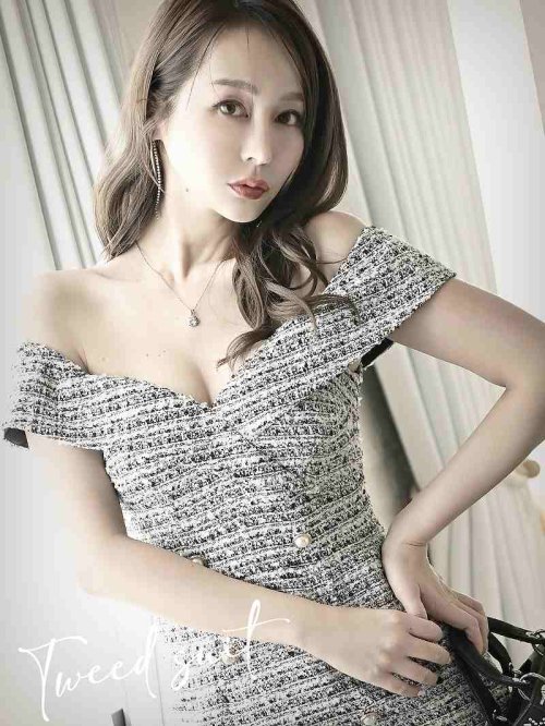 キャバドレス ミニ ツイード ピンク 青 黒 オフショル 大人可愛い ツィード ブランドドレス タイト 上品 Belsia ピンク