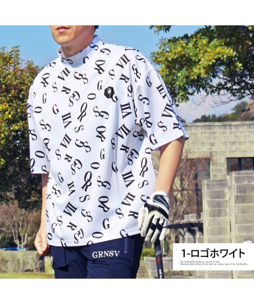 TopIsm(トップイズム)/ゴルフウェア モックネックシャツ メンズ GIORNO SEVEN ジョルノセブン ワイドシルエット ハイネック 半袖 吸湿速乾ドライ トップス 総柄 ロゴ/img03