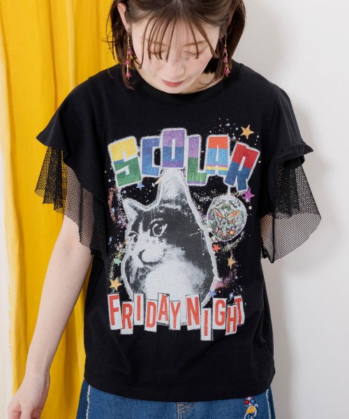 ScoLar(スカラー)/FRIDAY NIGHTとネコプリント メッシュフリル袖Tシャツ/img07