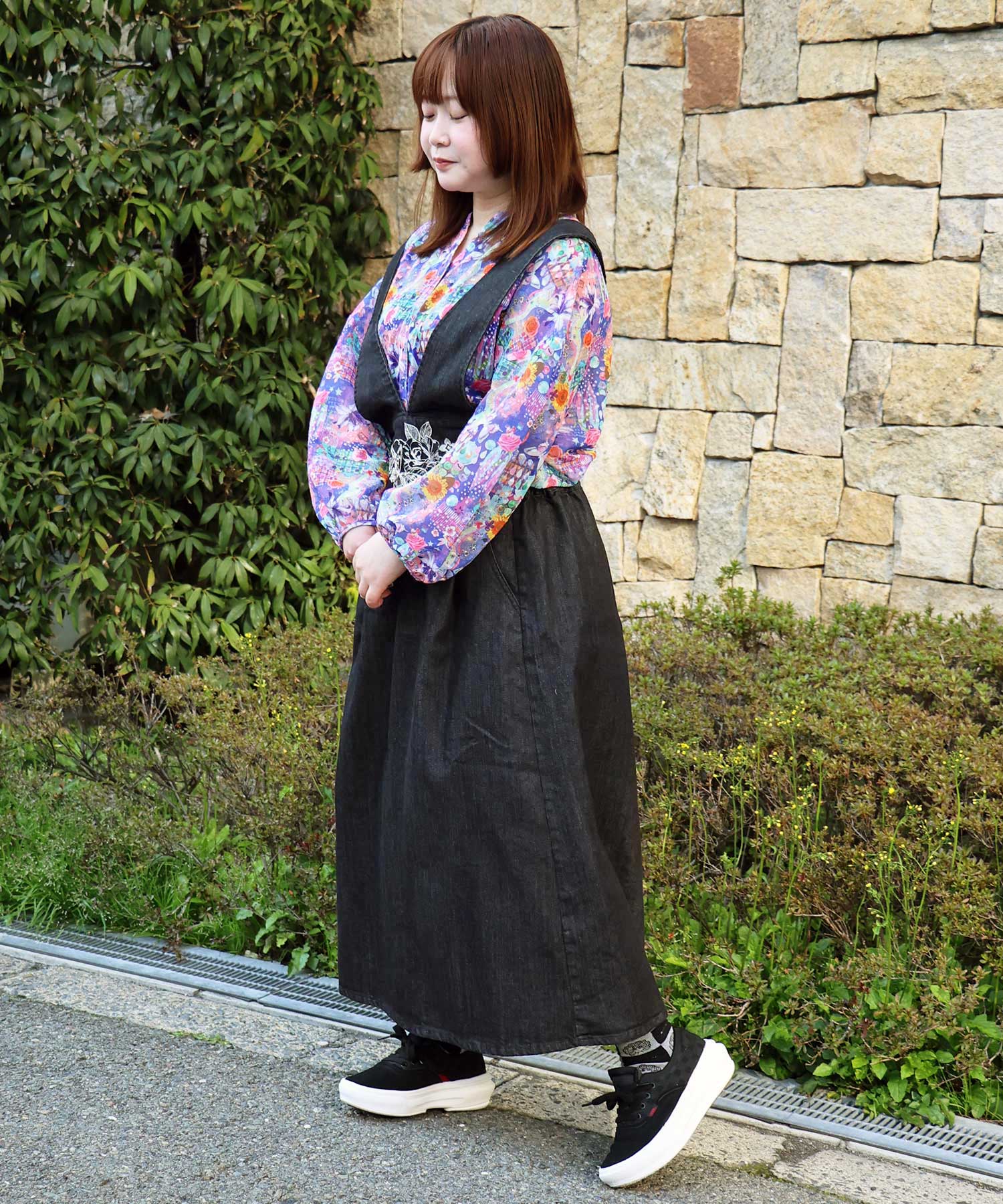 花蝶刺繍 デニムジャンパースカート