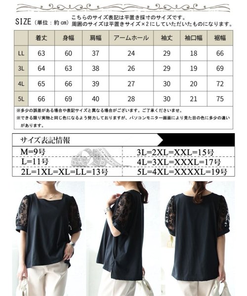 GOLD JAPAN(ゴールドジャパン)/大きいサイズ レディース ビッグサイズ シアーレース袖切り替えスクエアネックTシャツ/img16