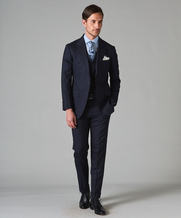 【紳士の装い】タケオキクチ×御幸毛織・スリーピーススーツ・ネイビーストライプ・S 紳士の装い】タケオキクチ×御幸毛織・スリーピーススーツ・ネイビー