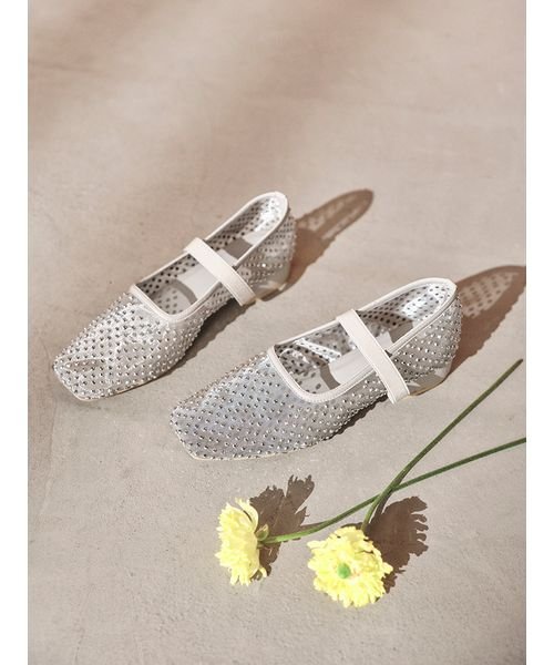 [L.B CANDY STOCK]ラインストーンメッシュバレエシューズ 予めご了承ください