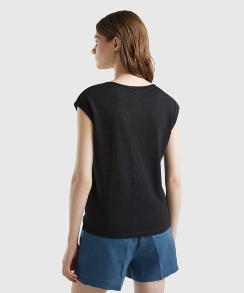 BENETTON (women)(ベネトン（レディース）)/リネン100%Uネックサイドスリット入りフレンチスリーブTシャツ・カットソー/img01