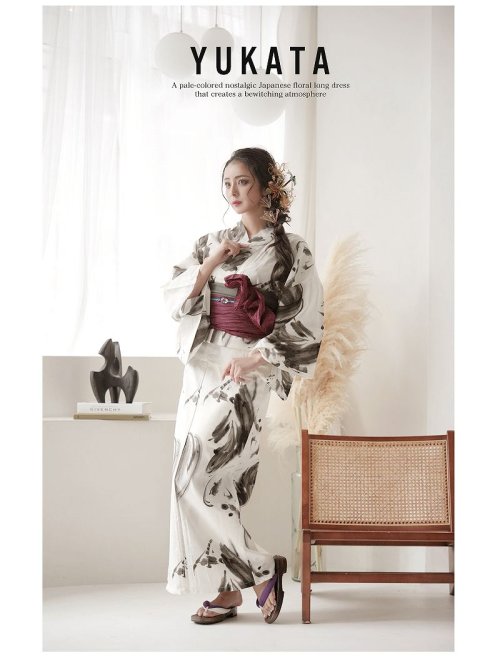 浴衣 白 シック 大人浴衣 水墨画 古典 2点セット 高級 上品 女性用浴衣 レトロモダン Ryuyu 