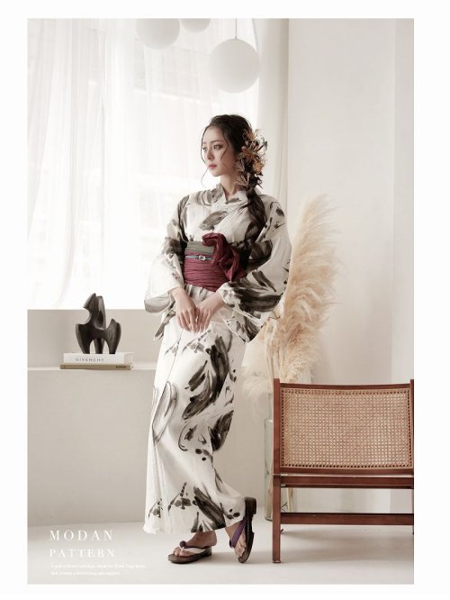 浴衣 白 シック 大人浴衣 水墨画 古典 2点セット 高級 上品 女性用浴衣 レトロモダン Ryuyu 