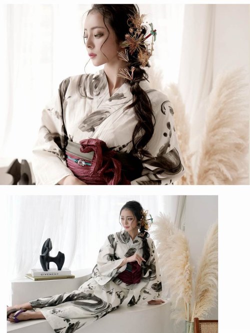 浴衣 白 シック 大人浴衣 水墨画 古典 2点セット 高級 上品 女性用浴衣 レトロモダン Ryuyu 