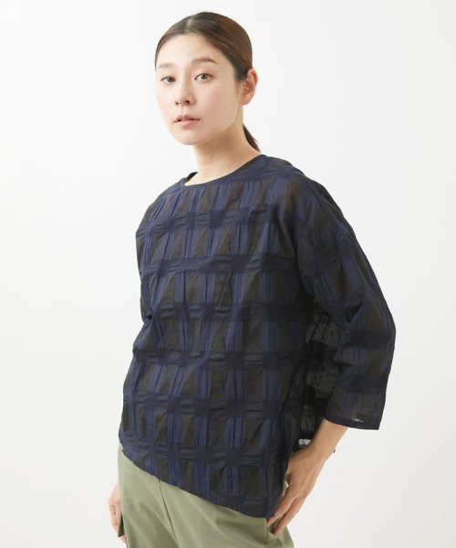 [洗える]塩縮ブロックチェックプルオーバーブラウス 