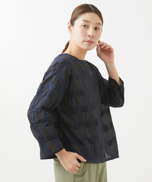 [洗える]塩縮ブロックチェックプルオーバーブラウス 