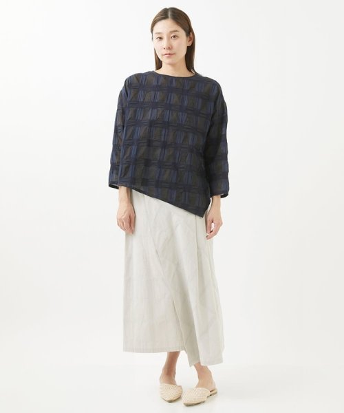 [洗える]塩縮ブロックチェックプルオーバーブラウス 