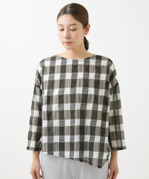 [洗える]塩縮ブロックチェックプルオーバーブラウス 